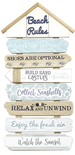 Carousel Home and Gifts 50.5 cm Beach Rules Wooden Sign Nautical Decor Wall Art - Decorative Coastal Wall Mounted Beach Hut Plaque