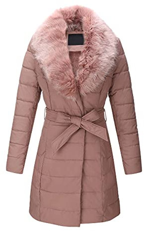 Giolshon Femme Doudoune Veste Matelassé Léger Blouson Hiver Long Manteau avec col en Fausse Fourrure Amovible 5527 Rose XL