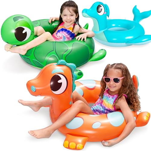 SLOOSH 3-Pack Inflatable Pool Tubes Floats - Dinosaur & Sea Turtle & Dolphin Swimming Rings for Kids Toddler, Pool Beach Water Float Party in Summer Decorations 29
