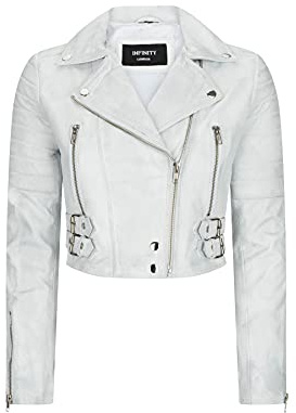 TruClothing.com Giacca Corta da Donna Biker Chiodo Vera Pelle Morbida Stile Classico - Bianco M