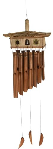 LS-LebenStil Holz Windspiel Klang-Spiel Bambus 90x28cm Bambus Vogelhaus mit Klangröhren Garten-Deko für draußen wetterfest hängend Glocken-Spiel Feng Shui