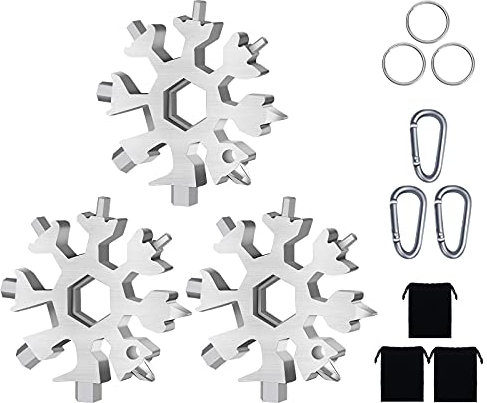 3 Stücke 18 in 1 Schneeflocken Multi-tool mit Karabiner und Schlüsselring, Geschenke für Männer, Edelstahl Tragbare Schneeflocken Multifunktionswerkzeug für Outdoor Abenteuer Camping (Silber)
