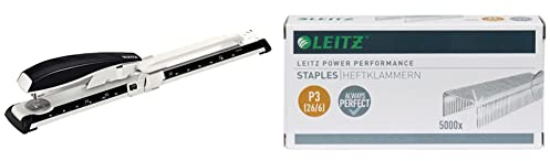 Leitz Langarm-Büroheftgerät aus Metall, Für 40 Blatt, Inkl. Heftklammern, Ergonomisches Design, Schwarz, NeXXt-Serie, 55600095 & Power Performance Heftklammern P3 (26/6), 5000 Stück, 55721000