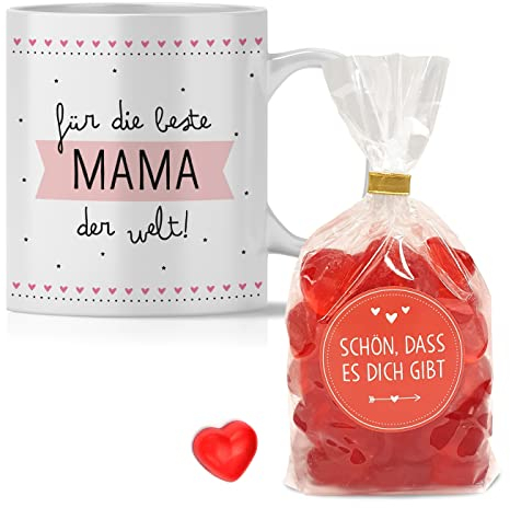 OWLBOOK Beste Mama Tasse mit Spruch und Fruchtgummiherzen Personalisiert mit Namen Geschenke Geschenkideen für Mama zum Muttertag, OWL_TA_642C1