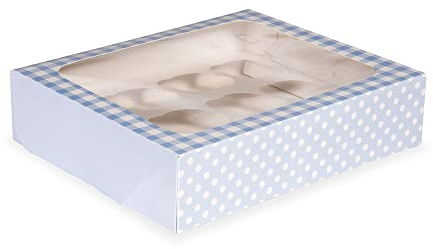 Anniversary House Blue Cupcake Box with Window and Removable 12 Hole Insert, Gingham and Polka Dot Print, 1 Pack, Easy Assembly, Baby Blue, Light Blue, 7.5 x 25 x 31cm, J163