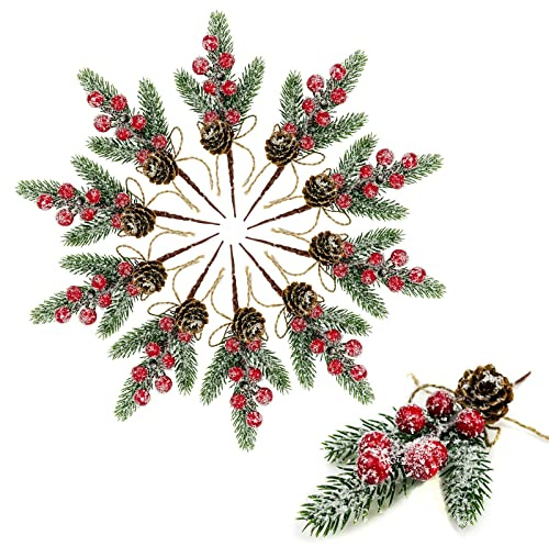 Wakdiz Red Berry Stems Floral Pine Cones Branches 10PCS Christmas Artificial Evergreen Pine Branches Holiday Floral Picks Holly Stem Craft for Decoration DIY Christmas Xmas Garland Wreath Decoration