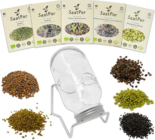 SaatPur® Bio Keimsprossen Geschenk-Set Nr6 mit Keimsprossenglas 1L und 5 Saattüten Keimsaat, hohe Keimkraft, Micro-Greens für vitaminreiche Ernährung, nachhaltige Graspapier-Verpackung, vegan
