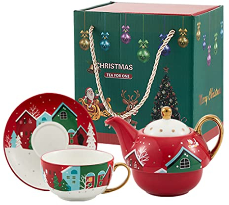 YBK Tech Service à thé en céramique pour un seul lot, théière de 355 ml, tasse à thé avec soucoupe, série de Noël (maisons)