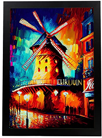 Nacnic Poster Moulin Rouge im Ölgemälde Stil. Illustrationen von Denkmälern und Städten im fotografischen Vollfarbstil. Innenarchitektur und Dekoration. A4.