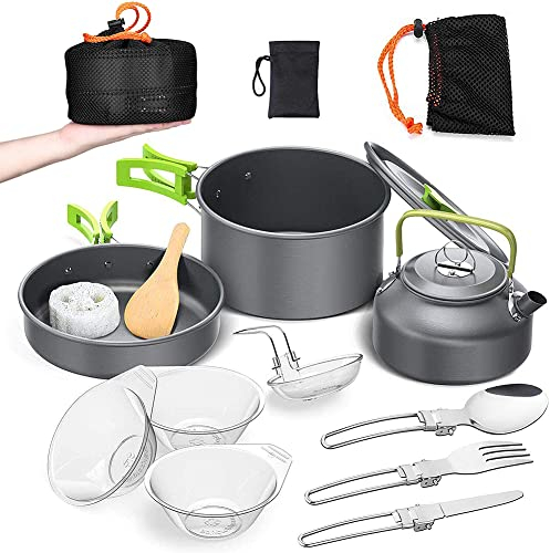 aiGear Camping Kochgeschirr Set/Outdoor Geschirr Set | Camping Topf Kochtopf Tragbar Aluminium | mit Aufbewahrungsbeutel | für Outdoor Camping Wandern Wandern Picknick (CC5339GN)