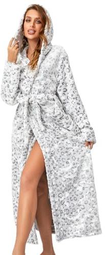 RONGTAI Langer Damen-Bademantel aus Plüsch-Fleece, dick, mit Kapuze, mit Taschen, flauschige Nachtwäsche für Herren