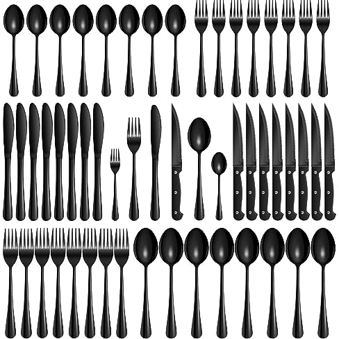 Velaze Besteck Set Schwarz 8 Personen, 48 teilig Besteckset mit Steakmesser, Glänzendes Essbesteck Set mit Messer Gabel Löffel, Besteck aus Edelstahl für Haus Restaurant, Spülmaschinenfest