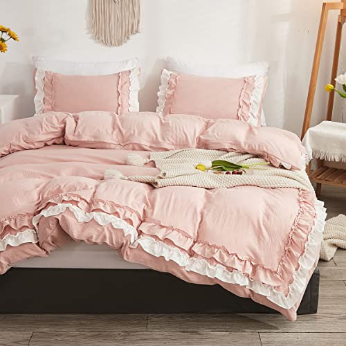 Sedefen Housse de Couette 140 x 200cm Rose Volants Romantique Parure de Lit Bohémien Microfibre Parure de Lit Ado Fille Adulte Housse Couette Avez 1 taie d'oreiller 65x65cm Avez Fermeture Éclair