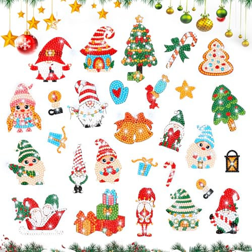 MWOOT 28 Piezas Navidad Pintura de Diamantes Pegatinas,Christmas 5D Diamond Art Painting Stickers Paint by Numbers Kits,Xmas Rhinestone Pintura Calcomanías para Regalos,Tazas Decoración (4 Hojas)