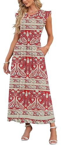 AUSELILY Damen Kurzarm Plissee Lässige Blumen Maxikleider mit Taschen Rundhalsausschnitt Freizeit Strandkleid Locker Rot Böhmen XXL