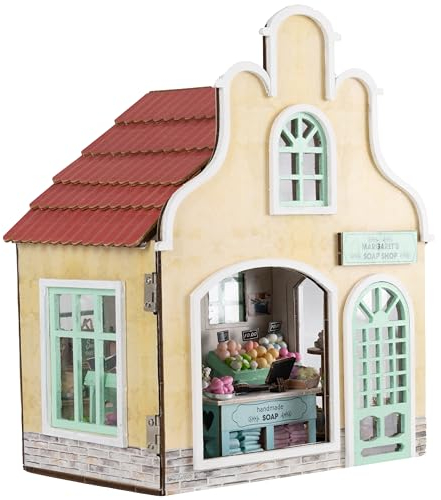 Crafts&Co® DIY Miniature Haus mit Möbeln | DIY Puppenhaus Erwachsene | Hölzernes Puppenhaus-Kit | Holz Mini Haus Modell mit Licht | 1:18 | Soap Shop