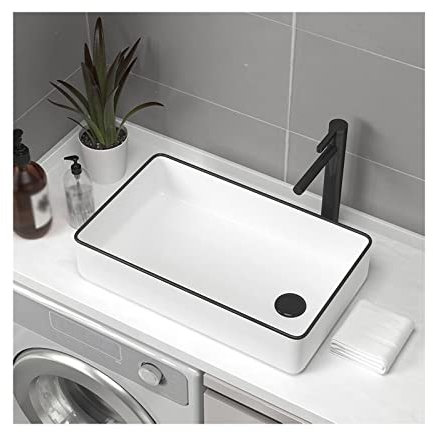 Lavandino Bagno Lavabo da bagno rettangolare in ceramica bianca da 19,6 x 12,5 pollici, lavabo sopra il bancone in porcellana con rubinetto nero e scarico a scomparsa combinato Lavabo da Appoggio