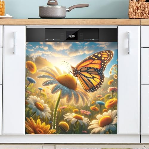 Exnundod Spülmaschinen-Magnetabdeckung, Gänseblümchen, Schmetterling, magnetische Geschirrspüler-Abdeckung, Frühlingsblumenmagnete, dekorative Abdeckung, Kühlschrankgeräte, Panelblätter, 58,4 x 66 cm