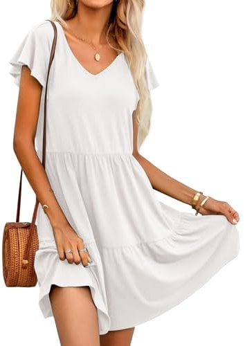 HOTOUCH Women's Summer Dress V-Neck Short Sleeve Sundress Solid Color Ruffle Tiered Casual Dress with Pockets White XL