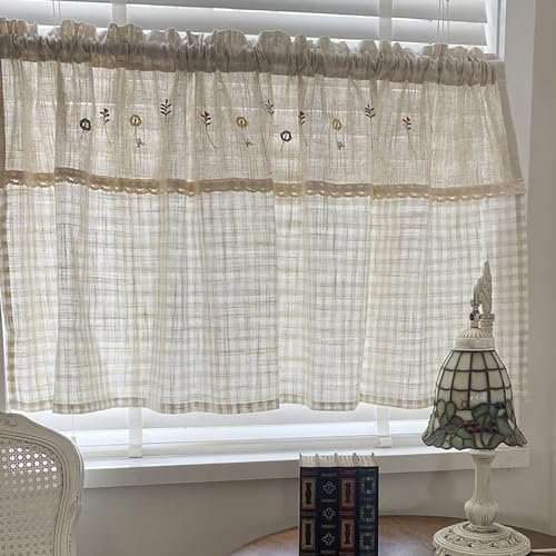 LNGFSH Scheibengardinen Leinen Kariert Kurzstores Landhausstil Gardinen Bistrogardine Transparent Fenstervorhang für Küche (BxH 150x 80cm)