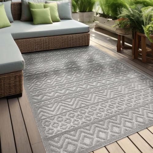 In & Outdoor Teppich Barcelona Wetterfest Balkon Boho Wohnzimmer Küche Skandinavisch Muster Einfarbig 3D Effekt Modern grau Karos Zigzak 240x340 cm