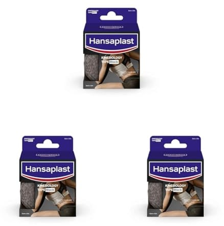 Hansaplast Kinesiologie Tape, wasserfestes Sport Tape lindert Muskelschmerzen und fördert die Durchblutung*, Tape bietet Unterstützung für Gelenke und Muskeln*, 1 Rolle, Schwarz (Packung mit 3)
