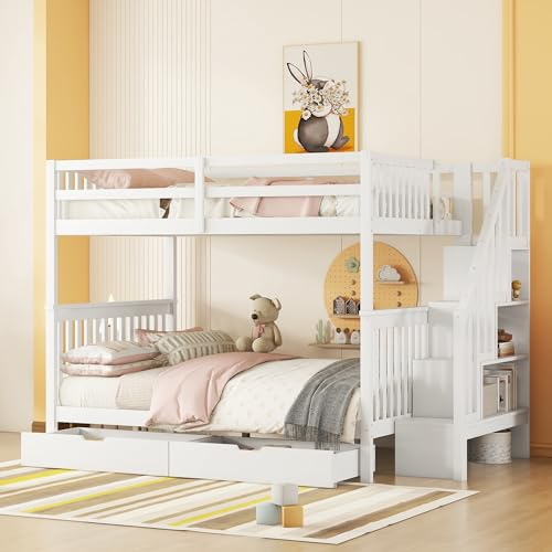 Kinderbett Etagenbett 140×200 mit 2 Unterbett Schubladen und Treppenregal, Hochbett Doppelbett Funktionsbett Stockbett Holzbett Jugendhochbett mit Rausfallschutz und Lattenrost, Weiß, Ohne Matratze