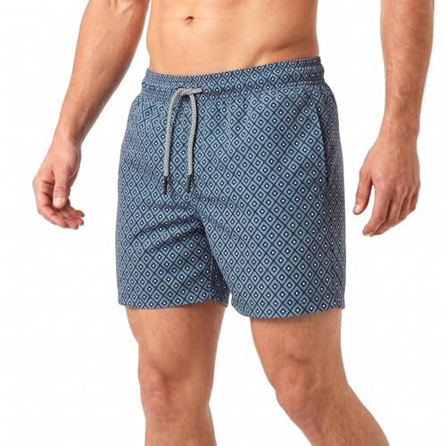 RIPT Men’s Quick Dry Swim Shorts with Mesh Lining Drawstring Waist UV50 Sun Protection Beach & Swimming Trunks (Pale Blue Diamond Print, L)