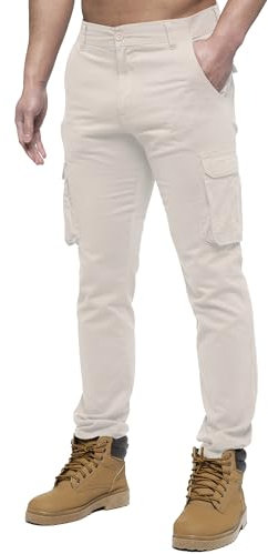 989Zé ENZO Mens Cargo Combat Pants Straight Leg Regular Fit Chino Trousers EZ425 Stone 32W / 32L