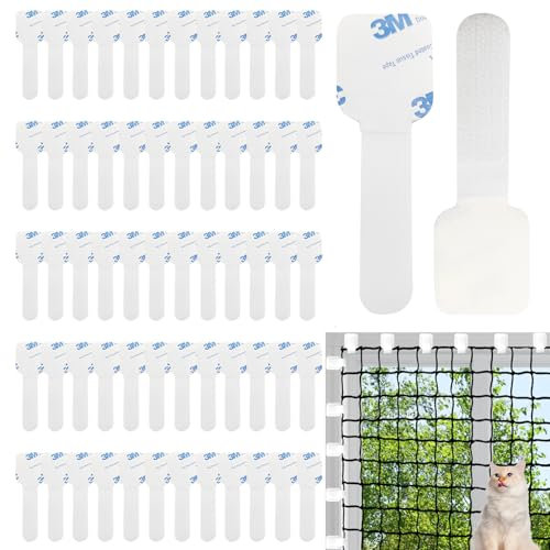 FIHODONE Ganci Adesivi di Rete per Gatti Balcone, 60 Pezzi Gancio Adesivo per Rete Gatti Balcone, 3M Ganci di Rete Balcone per Gatti Intemperie, Senza Foratura (Senza Reti per Balcone per Gatti)