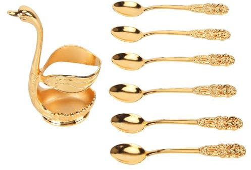 Coffee Spoons Set, Swan Base Holder with 6pcs Dessert Spoon Set Sugar Spoon Ice Cream Spoon Stirring Spoon Tea Spoon with Swan Base Holder Spoon Organizer for Kitchen, Cafe Golden