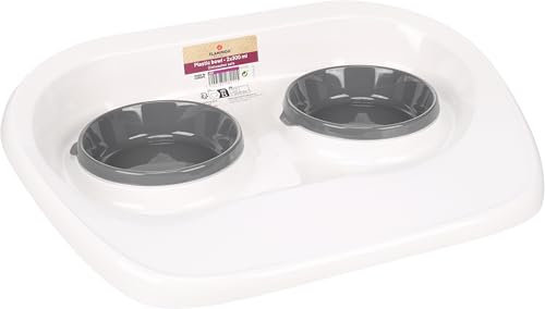 Flamingo Gamelle pour la Nourriture et l'eau Jon Blanc - 43x32x8,5cm - Antidérapant - 2 gamelles Amovibles pour Nourriture et l'eau dans 1 Support - Bord surélevé empêche Les déversements sur Le Sol