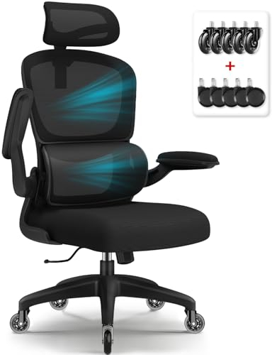 Aiidoits Bürostuhl, Bürostuhl Ergonomisch mit Verstellbarer Kopfstütze, Lendenwirbelstütze und Klappbaren Armlehnen, Chefsessel Bürostuhl 150 kg, Ergonomischer Bürostuhl Wippfunktion bis 135°