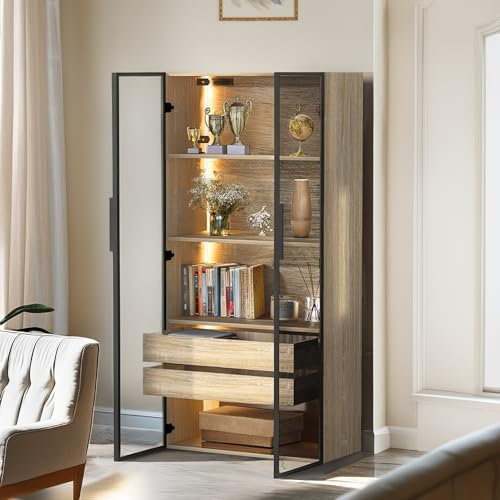 Ctastay Vitrinenschrank Glasvitrine mit Glastüren & LED-Beleuchtung, Wohnzimmervitrine Badezimmerschrank mit 2 Stauraum schubladen，Sammler Vitrine für Wohnzimmer Wohnzimmer, 74x36x155 cm, Natur