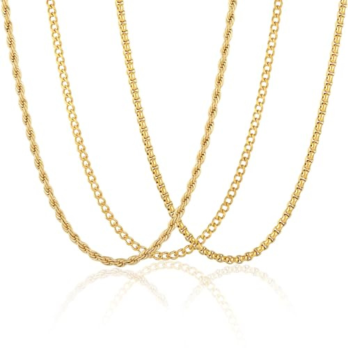 Esmoly 3 Halskette Herren Kette Herren Silber Gold Schwarz 316L Edelstahlkette 2/3/4/5/6mm Panzerkette Cuban Chain Kordelkette Weihnachten Geschenke für Männer Junge 45/50/55/60cm (Gold, 55cm/4mm)