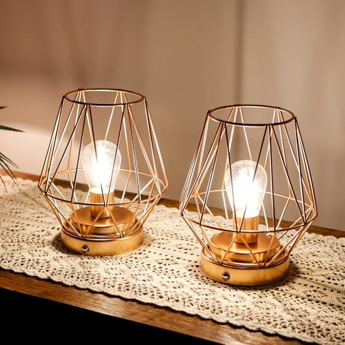 TRIROCKS Set of 2 Diamond Metal Battery Operated Table Lamp 17cm H Rechargeable Bedside Lanterns Cage Shape Cordless Touch Dimmable LED Lights for Indoor Outdoor Bedrooms Office Wedding Parties Patio