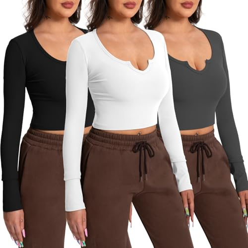 EBANKU 3 Pieces Womens Sexy Long Sleeve Crop Tops V Neck Ribbed T-Shirt Slim Fit Casual Basic Tops