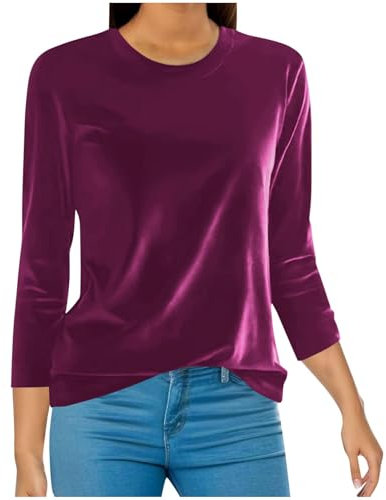 Haut en velours à manches 3/4 et col rond pour femme - T-shirt ample en velours uni - Chemisier de printemps grande taille - Pull élégant respirant - Sous-couche basique, 1 rose vif, M
