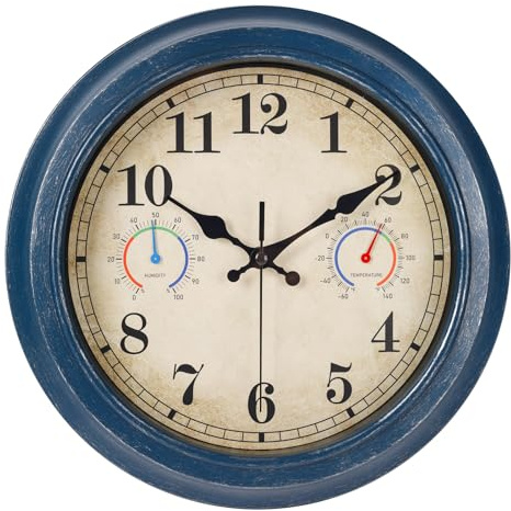 Alarllok 12 Inch Outdoor Clock with Thermometer and Hygrometer Combo, Waterproof Indoor Outdoor Wall Clocks for Patio, Pool, Garden, Bathroom Decor- Blue