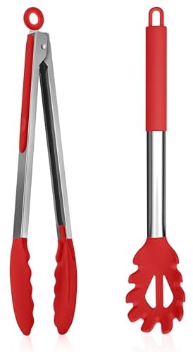 Homikit Edelstahl Spaghettilöffel & Küchenzange, Rot Silikon Spaghett | Hitzebeständig Nudellöffel & Kochzange mit Antihaft Slilikon, Pasta Gabel Grillzange Set zum Backen, Kochen und Servieren
