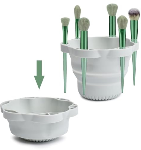 Foldable Makeup Brush Cleaner Bowl, Sponge Cleaning Cup with Multi-Size Brush Holder Drying Rack, Silicone Cleaning Pad Cosmetic Brus-h Washing Tool, Travel-Friendly(COLOR:Green)