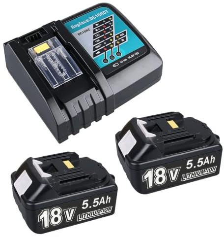 Kompatibel mit Makita Akku 18V: 2 Stück 18V 5,5Ah Akku + DC18RC Ladegerät | Ersatzakku für Makita BL1860B BL1860 BL1850B BL1850 BL1840 BL1830 DC18RA DC18SD LXT-400 Elektrowerkzeuge und Ladegerät