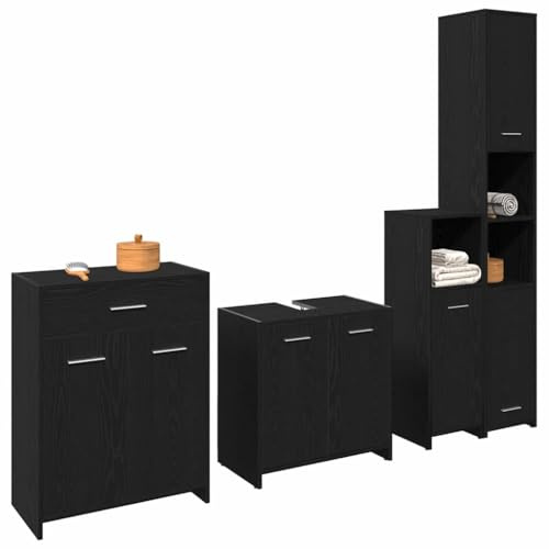 Massbinet 4-TLG. Badmöbel-Set Schwarz Eiche Holzwerkstoff Einfache Mode Stil Badezimmer Schrank Badezimmer Möbel