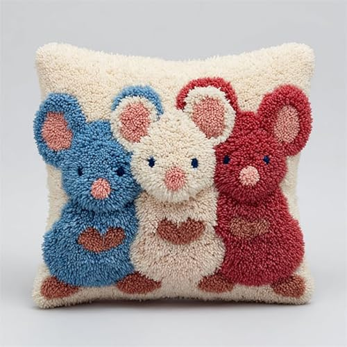 AxiangziK Süße Tiere Knüpfkissen Set,Cartoon kleine Maus,für Kinder oder Anfänger Erwachsene zum Selber Knüpfen,DIY Knüpfteppich Knüpfpackung,Knüpfhaken Set,17x17in
