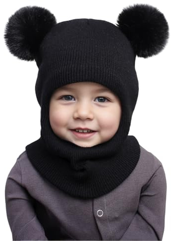 3-in-1-Schal Mütze Ohrenschützer Winter Strickmütze Kindermütz Schlupfmütze Kinder Baby Wintermütze Strickmütze Kapuze Weiche Schalmütze mit Doppelt mit Bommel Pom Pom Jungen Mädchen 1-8 Jahre