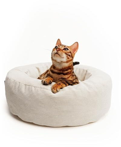 LucyBalu® Nest Katzenbett rund Cord – Weiß | Kompakter, kuscheliger Schlafplatz, abziehbarer Bezug waschbar, hochwertige Polsterung