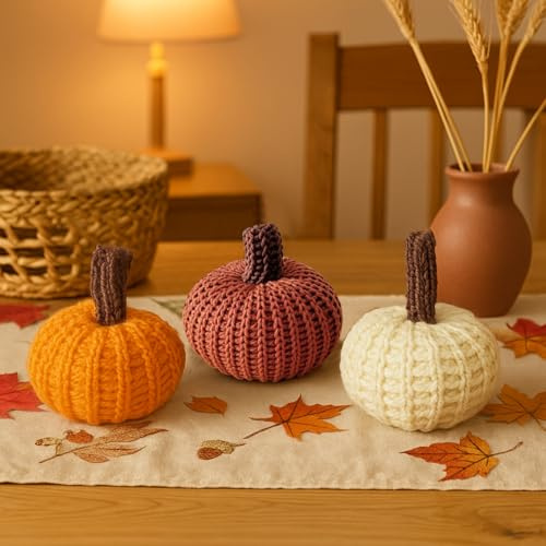 Herbst Dekoration Stricken Kürbis, Herbstdeko Künstliche Mini Kürbisse (A) | 3 Stück Mini Kleine Gestrickter Kunstkürbis Zierkürbisse Tischdeko für Halloween Erntefest Thanksgiving Innen Deko
