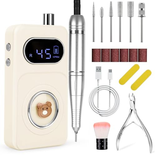 Electric Nail File, 45000 RPM Professional Nail Drill Machine Rechargeable Nail Drill for Acrylic and Gel Nails with 6 Drill Bits and Cuticle Cutter (Brown)