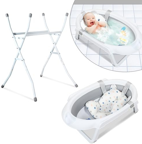 Daromigo Baby Badewanne mit Gestell, Baby Badewanne Faltbar, Rutschfestem Klappständer, Platzsparend Sicher – Für Neugeborene ab Jahre (Grau)