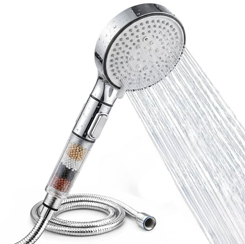 MELTA® Pommeau de Douche Haute Pression Filtrant avec Flexible 1,5 m – Douchette Anti Calcaire avec Filtre Minéral, 5 Modes de Jet, Bouton Stop Eau, Installation Sans Outils, Universel (CHROME POLI)